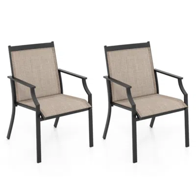 Hivvago 2 Piece Patio Dining Chairs Large Outdoor Chairs With Breathable Seat And Metal Frame-brown In Neutral