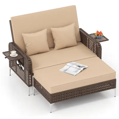 Hivvago 2 Piece Patio Rattan Daybed Wicker Loveseat And Ottoman With Adjustable Backrest In Neutral