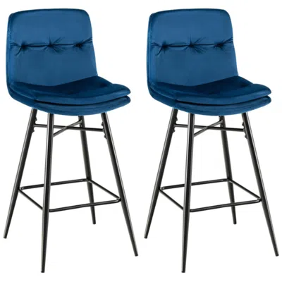 Hivvago 2 Pieces 29 Inch Velvet Bar Stools Set With Tufted Back And Footrests-blue