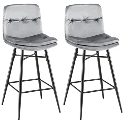 Hivvago 2 Pieces 29 Inch Velvet Bar Stools Set With Tufted Back And Footrests-gray