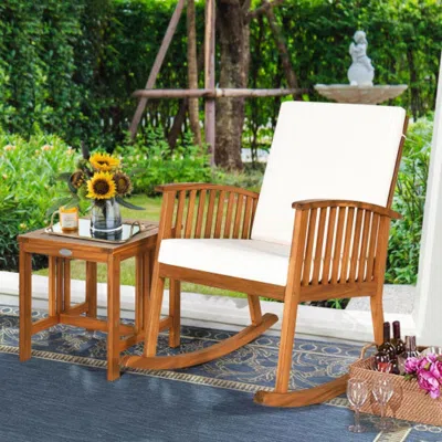 Hivvago 2 Pieces Acacia Wood Patio Rocking Chair Table Set In Burgundy