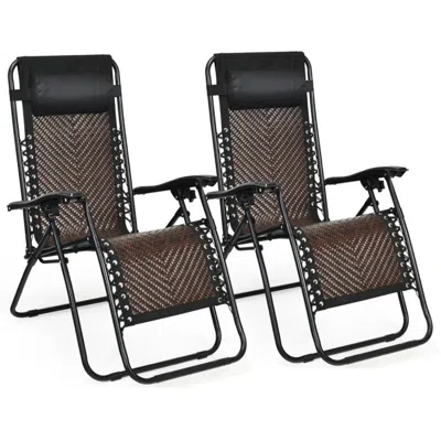 Hivvago 2 Pieces Folding Patio Rattan Zero Gravity Lounge Chair-gray In Brown