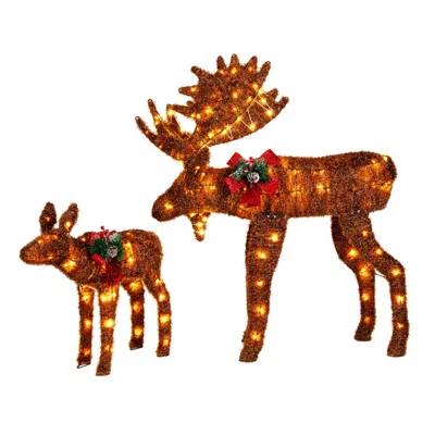 Hivvago 2 Pieces Lighted Moose Family With 170 Led Lights And Zip Ties In Brown