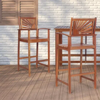 Hivvago 2 Pieces Outdoor Acacia Wood Bar Chairs With Sunflower Backrest And Armrests In Brown