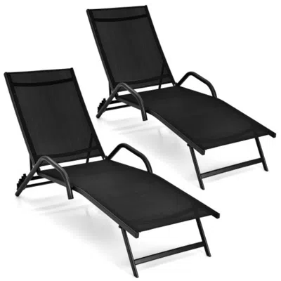 Hivvago 2 Pieces Outdoor Chaise Lounge With 5-position Adjustable Backrest-black