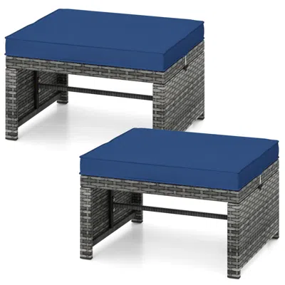 Hivvago 2 Pieces Patio Pe Rattan Ottomans With Soft Zippered Cushions For Deck