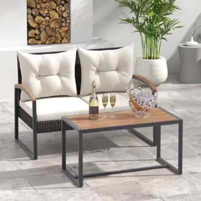 Hivvago 2 Pieces Patio Pe Wicker Furniture Set With Acacia Wood Coffee Table-white