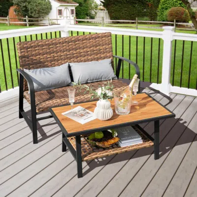 Hivvago 2 Pieces Patio Rattan Coffee Table Set With Shelf And Quick Dry Cushion In Blue