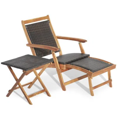 Hivvago 2 Pieces Patio Rattan Folding Lounge Chair With Acacia Wood Table In Black