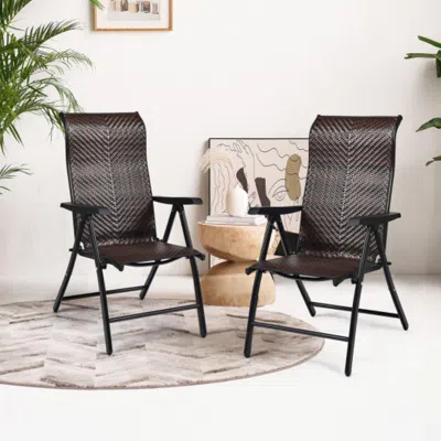 Hivvago 2 Pieces Patio Rattan Folding Reclining Chair In Brown