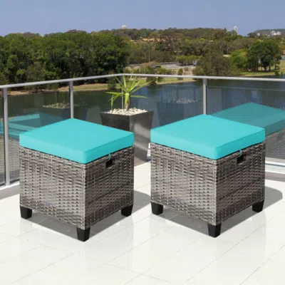 Hivvago 2 Pieces Patio Rattan Ottoman Seat With Removable Cushions-beige In Blue