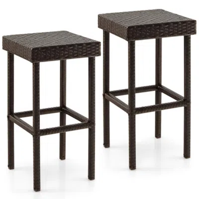 Hivvago 2 Pieces Patio Rattan Wicker Bar Stool Chairs-brown In Blue
