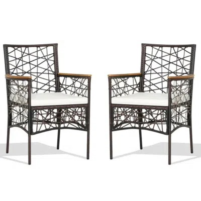 Hivvago 2 Pieces Pe Wicker Patio Bistro Dining Chairs With Acacia Wood Armrests And Cushions In Blue