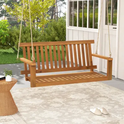 Hivvago 2-seat Acacia Wood Porch Swing Bench With 2 Hanging Hemp Ropes In Burgundy