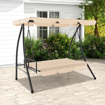 Hivvago 2-seat Outdoor Convertible Swing Chair With Flat Bed And Adjustable Canopy-beige In White