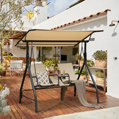 Hivvago 2-seat Outdoor Cushioned Porch Swing With Adjustable Canopy And Tempered Glass Table-beige In Brown
