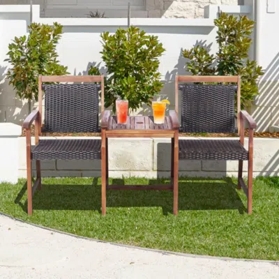 Hivvago 2-seat Patio Rattan Acacia Wood Chair With Coffee Table In Brown