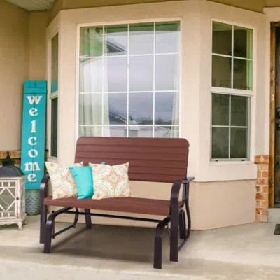 Hivvago 2-seat Porch Glider With Hdpe Back Seat And Steel Frame-brown In Blue