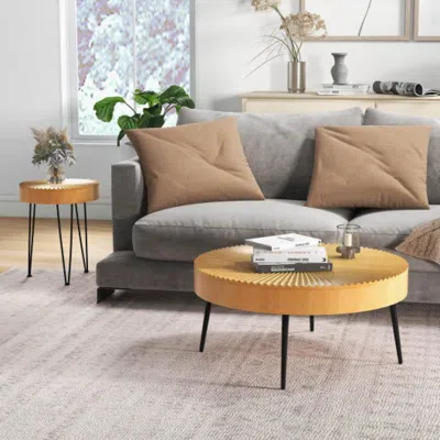 Hivvago 2 Set Of Wooden Coffee Table With Metal Legs And Adjustable Foot Pads-radial Pattern In Orange