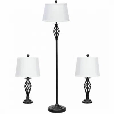 Hivvago 2 Table Lamps 1 Floor Lamp Set With Fabric Shades In Black