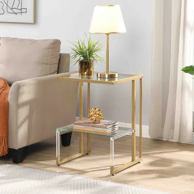 Hivvago 2-tier Acrylic Glass End Table With Golden Side For Living Room - Gold In Neutral