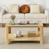 Hivvago 2-tier Coffee Table Rectangular Center Table With Tempered Glass Tabletop And Storage Shelf-natural