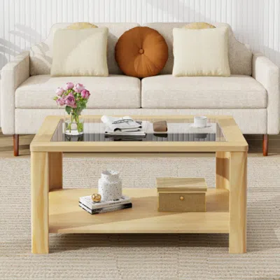 Hivvago 2-tier Coffee Table Rectangular Center Table With Tempered Glass Tabletop And Storage Shelf-natural