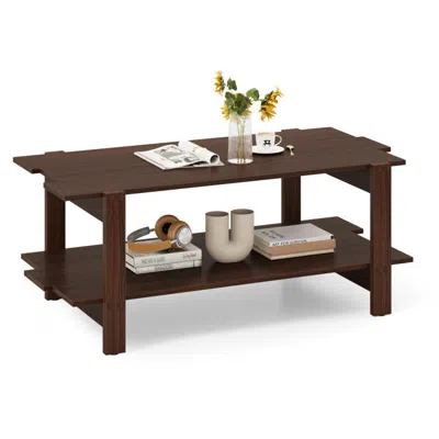 Hivvago 2-tier Coffee Table Slatted Wood Center Table With Storage Shelf-walnut In Brown