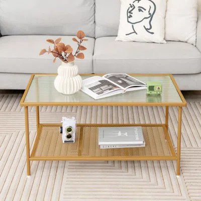 Hivvago 2-tier Coffee Table With Shelf Center Tea Table With Tempered Glass Top-golden