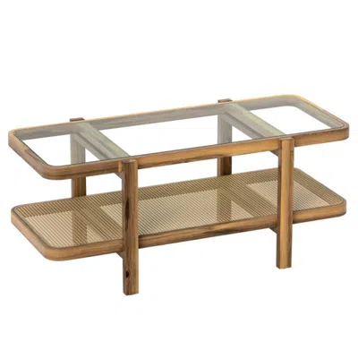Hivvago 2-tier Coffee Table With Storage And Tempered Glass Tabletop-brown