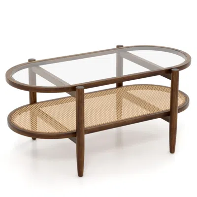 Hivvago 2-tier Coffee Table With Tempered Glass Tabletop And Acacia Wood Frame In Brown