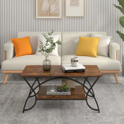 Hivvago 2-tier Faux Marble Coffee Table With Marble Top And Metal Frame-rustic Brown