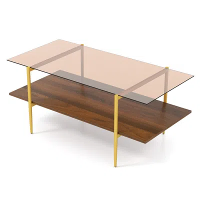 Hivvago 2-tier Glass Coffee Table With Tampered Glass Tabletop And Open Storage Shelf-brown
