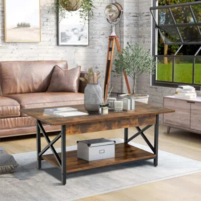 Hivvago 2-tier Industrial Rectangular Coffee Table With Storage Shelf-rustic Brown
