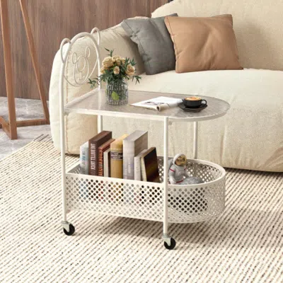 Hivvago 2-tier Mobile Glass Coffee Table With Bear Pattern-white