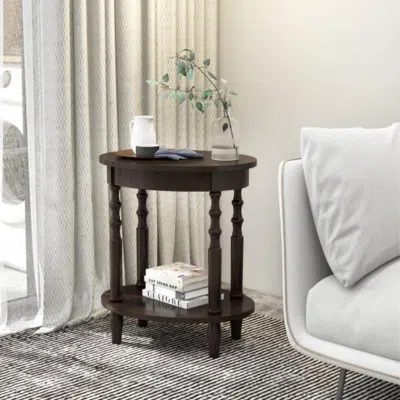 Hivvago 2-tier Oval Side Table With Storage Shelf And Solid Wood Legs-espresso