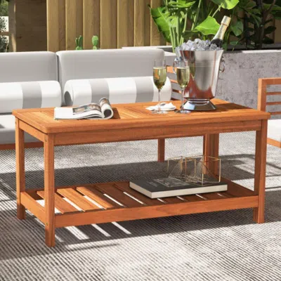 Hivvago 2-tier Patio Coffee Table With Slatted Tabletop And Shelf In Brown