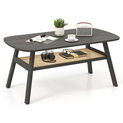 Hivvago 2-tier Rectangular Center Coffee Table With Rattan Storage Shelf And Rubber Wood Legs-dark Gray In Black