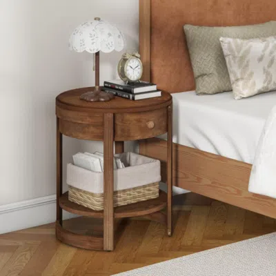 Hivvago 2-tier Round End Table Mid Century Modern Nightstand With Drawer And Shelf In Brown