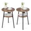 Hivvago 2-tier Round End Table Set Of 2 With Open Shelf And Triangular Metal Frame-walnut
