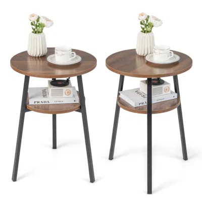 Hivvago 2-tier Round End Table Set Of 2 With Open Shelf And Triangular Metal Frame-walnut In Brown