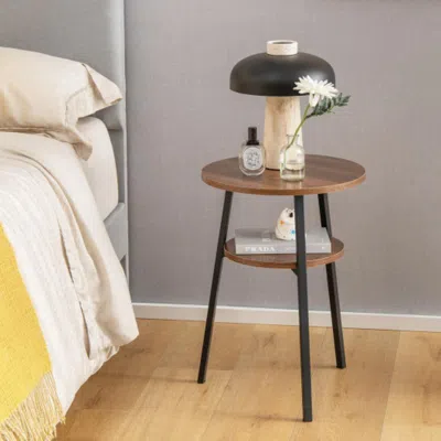 Hivvago 2-tier Round End Table With Open Shelf And Triangular Metal Frame-walnut
