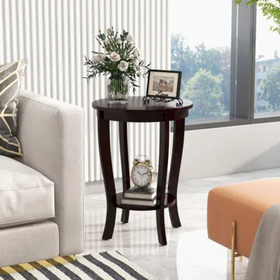 Hivvago 2-tier Round End Table With Solid Wood Legs-espresso