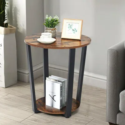Hivvago 2-tier Round End Table With Storage Shelf And Metal Frame-brown