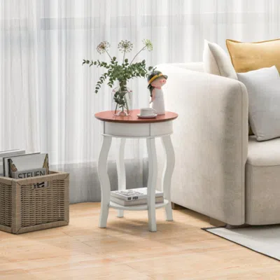 Hivvago 2-tier Round End Table With Storage Shelf And Solid Rubber Wood Legs-walnut & White