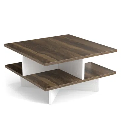 Hivvago 2-tier Square Coffee Table With 4 Storage Compartments-walnut