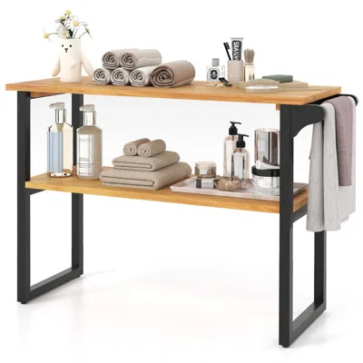 Hivvago 2-tier Teak Wood Bathroom Shelf Rack Wall Mount Towel Holder Storage Organizer