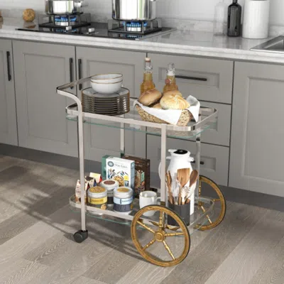 Hivvago 2-tier Tempered Glass Bar Cart With 2 Large Aluminum Wheels And 2 Rolling Casters