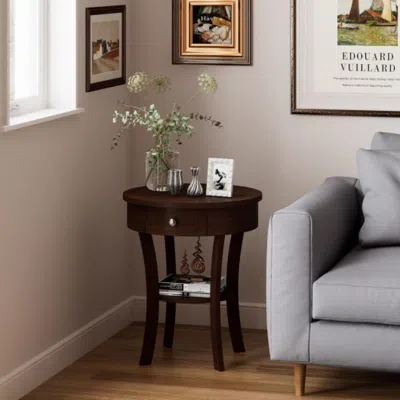 Hivvago 2-tier Wood Round End Table With Open Drawer-brown