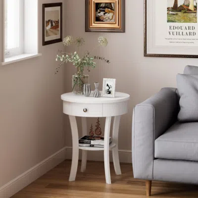 Hivvago 2-tier Wood Round End Table With Open Drawer-white
